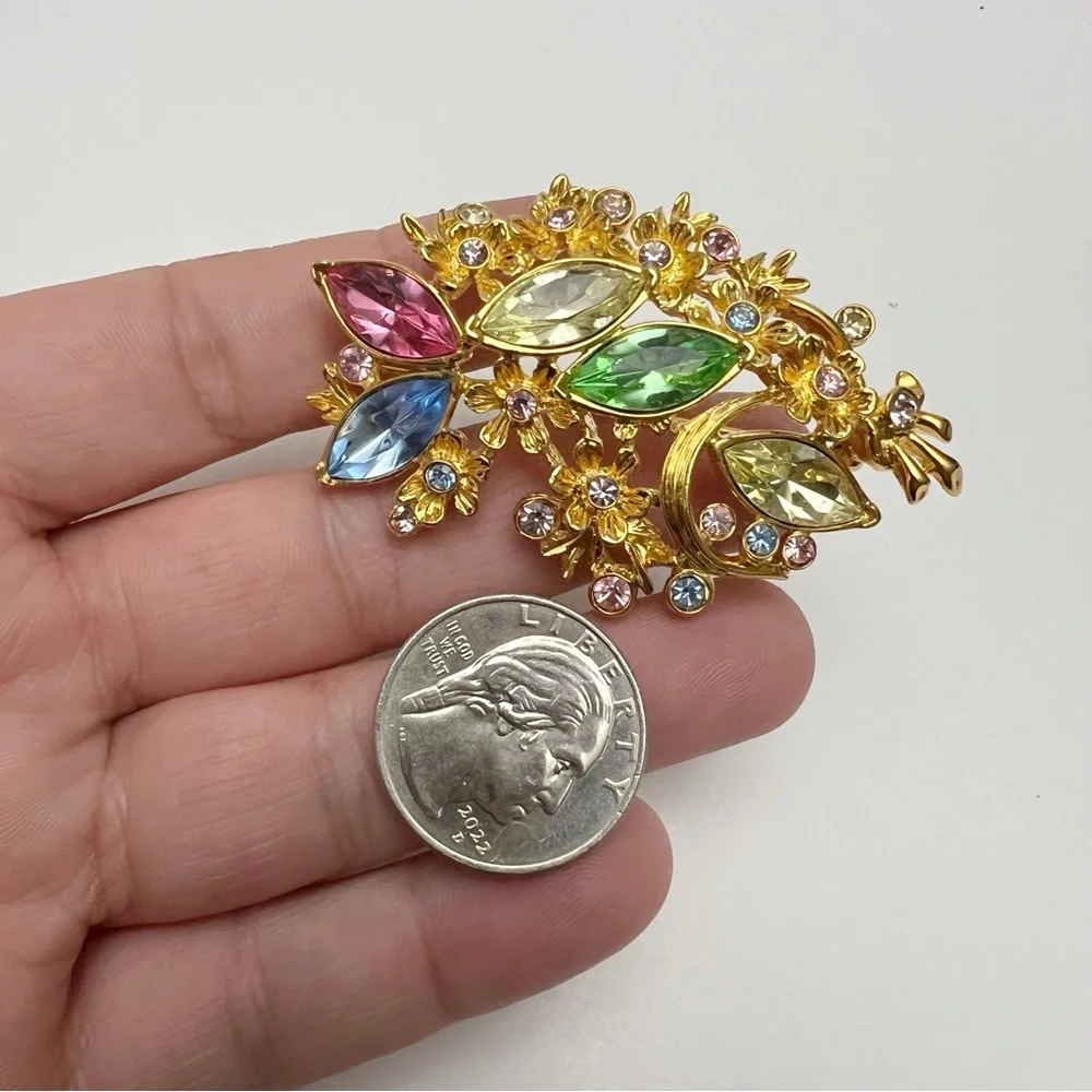 Vintage Diedre Hall Signed Multicolor Pastel Rhinestone Floral Branch Pin Brooch